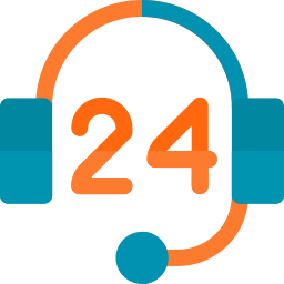 Icon representing 24/7 customer support with a headset and microphone. The design features the number "24" in bold orange, indicating round-the-clock availability, surrounded by a blue headset. This image symbolizes continuous assistance and accessibility for customers, emphasizing reliable service and support at any time of day. Ideal for use on websites or marketing materials that promote customer service availability.